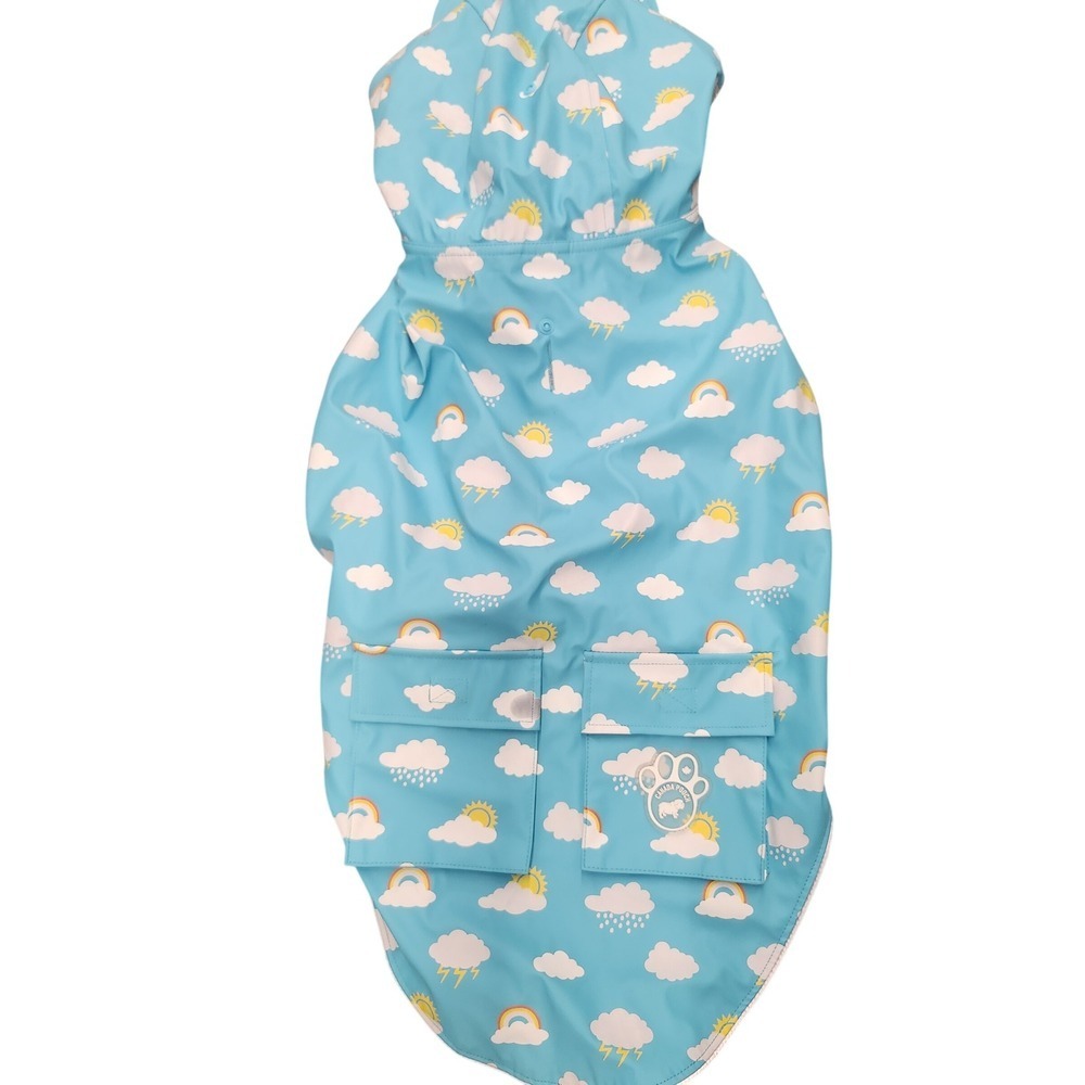 Large Dog Raincoat Blue Cloud Sun Rainbow Print Hooded Pet Jacket
